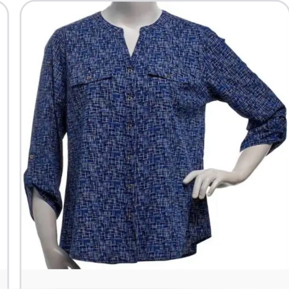 Notations Women's Blue Patterned Button-Down Blou… - image 1